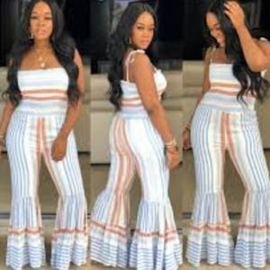 PANTS STORE JUMPSUIT WOMEN'S SEXY STRIPED TIE STRAPS SHIRRING BELL BOTTOM SIZE S